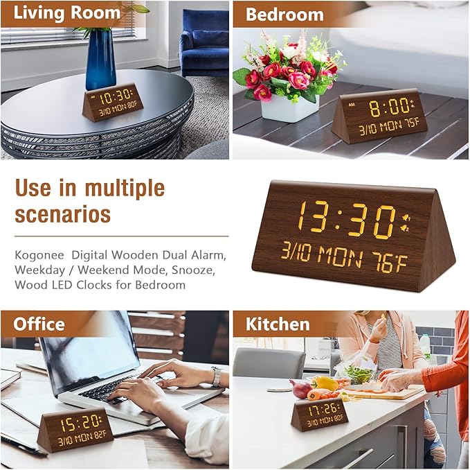 Kogonee Wooden Digital Alarm Clock, 0-100% Dimmer, 2 Alarm Settings, Weekday/Everyday Mode, 9 Mins Snooze, 12/24H, Temperature and Date Display for Office, Travel, Bedroom Alarm Clock (Brown)