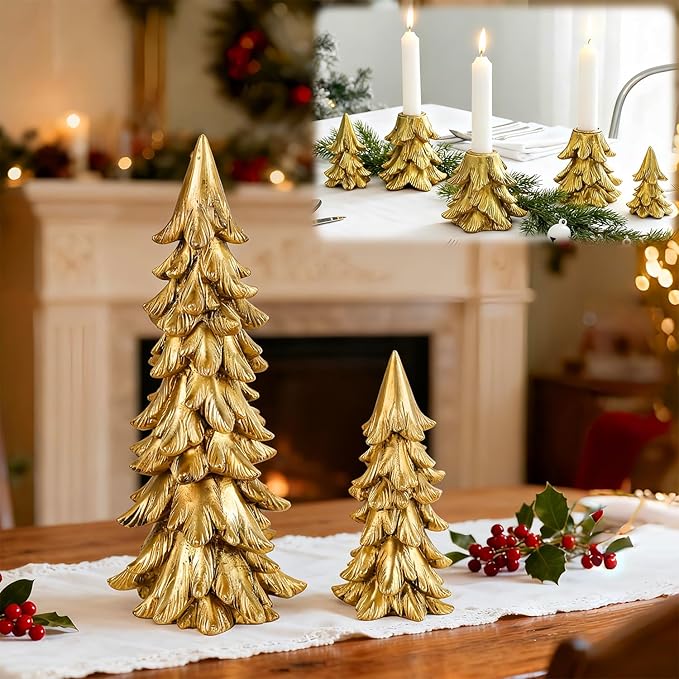 Christmas Table Decorations, Vintage Xmas Golden Resin Tree Candle Holders Set, Combined into Golden Tabletop Pine Tree for Holiday Wedding Party Mantle Fireplace Dining Room Centerpieces
