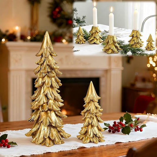 Christmas Table Decorations, Vintage Xmas Golden Resin Tree Candle Holders Set, Combined into Golden Tabletop Pine Tree for Holiday Wedding Party Mantle Fireplace Dining Room Centerpieces