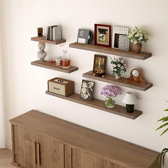 BGMG Wood Floating Shelves for Wall 18 inch Set of 2, Rustic Wooden Wall Mount Shelves for Bathroom Living Room Bedroom Kitchen Farmhouse -18x 6.7 x1.25 inch- Walnut Color