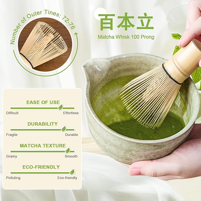 7Pcs Matcha Whisk Set - Matcha Bowl with Spout, Bamboo Whisk (Chasen), Holder, Stainless Sifter, Tea Scoop, Tea Towel, Scoop Rest. Full Japanese Ceremony Matcha Kit, Ideal Gift for Tea Fans (Green)