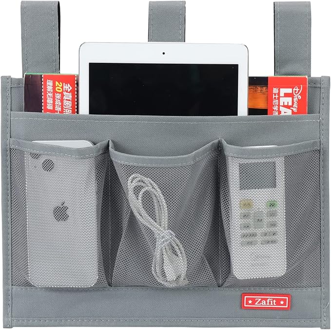 Hanging Bedside Caddy, Bedside Storage Organizer for Magazine, Phone, Remote control (Classic 4 Pockets-Grey)