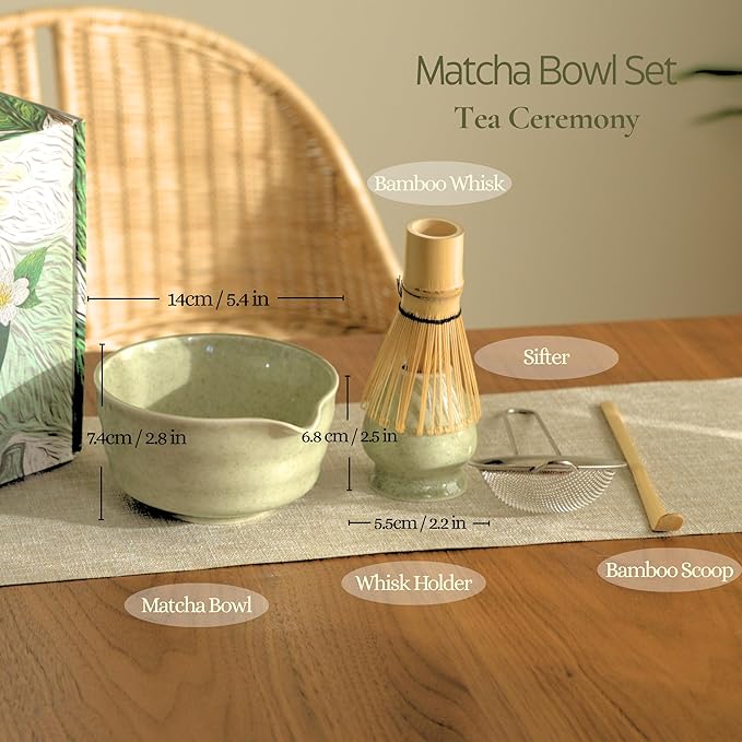 Matcha Whisk Set, Matcha Set, Handcrafted Bamboo Chasen & Ceramic Bowl Matcha Kit, 5 Pcs Matcha Set Whisk and Bowl with Stainless Steel Sifter, Tea Ceremony, Jade