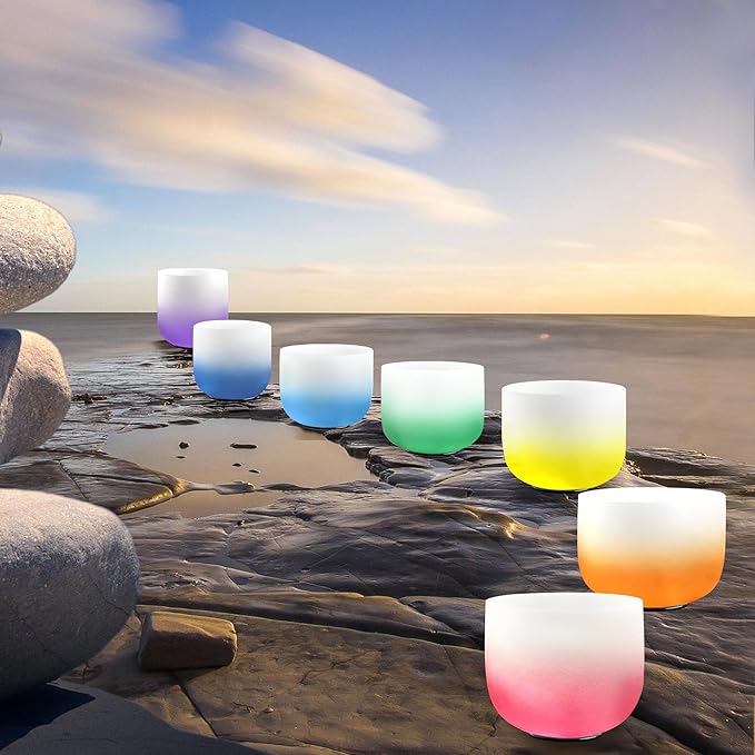 Ryan Dvan 432Hz 7"-12" Set of 7 Crystal Singing Bowl Set – Gradient Color Quartz Bowls for Chakra Healing, Meditation, Sound Bath & Yoga.Sound Therapy Tools with Suede Mallets & O-Rings.