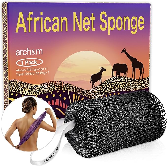 African Exfoliating Net Sponge Afroscrub - Authentic African Net Sponge with Knots Exfoliating Wash Cloths for Body Scrubber Back Scrub Exfoliator for Shower Bath Black by ARCH&M