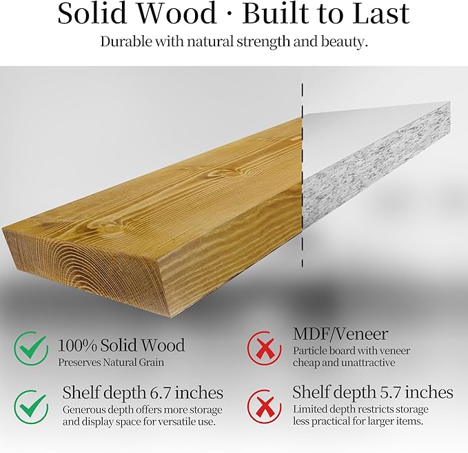 BGMG Wood Floating Shelves for Wall 12 inch Set of 2, Rustic Wooden Wall Mount Shelves for Living Room Bedroom Kitchen Farmhouse-12x6.7x1.25 inch- Gold Oak