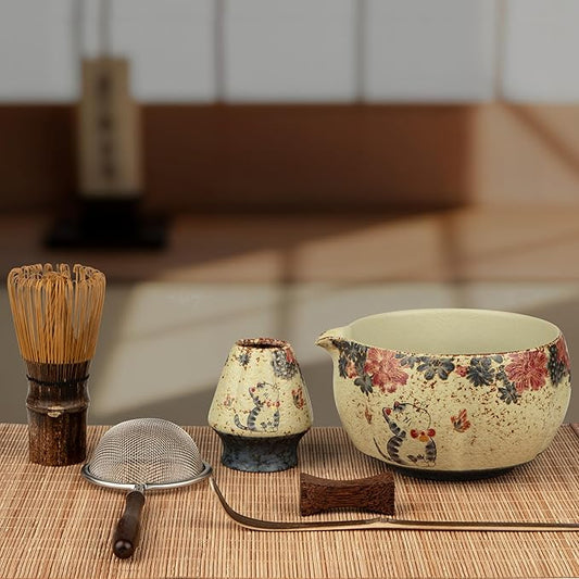7-Piece Matcha Set with Matcha Bowl, Bamboo Whisk (Chasen) & Holder, Sifter, Tea Scoop & Rest, Special Bamboo Tea Mat - Perfect Matcha Kit for Matcha Lovers & Gift Giving, Kitty Pattern
