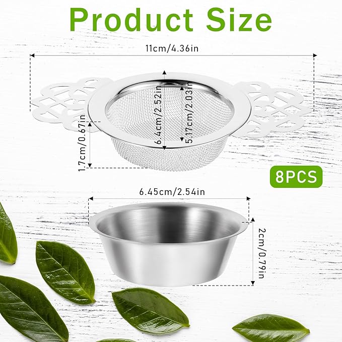 8 Pack Mesh Tea Filter Strainers, Stainless Metal Tea Infuser With Petal Handles and Drip Bowl Tea Steeper for Loose Tea
