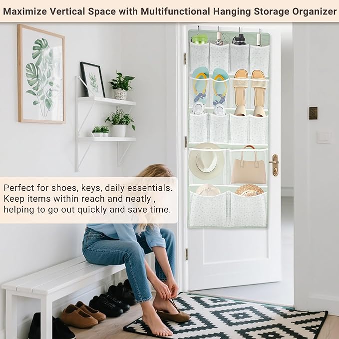 16 Pockets Over Door Hanging Organizer with 4 Kind of Versatile Pouches,Back of Closet Hanging Shelf Holder for Sock,Hat,Underwear,Shoes,Travel Outfit,Behind Door Storage Organization for Home,Dorm,RV