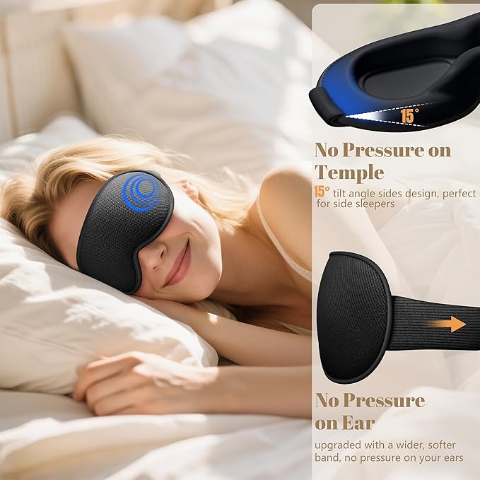 Sleep Mask for Men Women - 100% Blackout Eye Masks for Sleep, Zero Pressure 3D Sleeping Mask, Adjustable Light Blocking Eye Cover Blindfold for Travel, Nap, Night Work, Office - Black