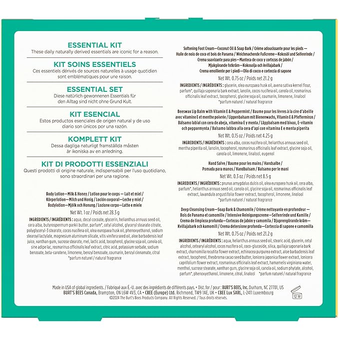 Burt's Bees Christmas Gifts - Essentials Everyday Set, 5 Travel Size Products for Stocking Stuffers - Deep Cleansing Cream, Hand Salve, Body Lotion, Foot Cream and Original Lip Balm