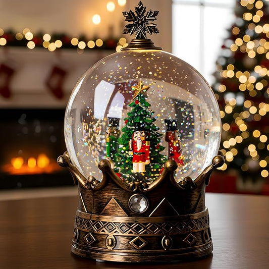 Nutcracker Snow Globe, Musical Crown Water Lantern with Swirling Glitter with Swirling Glittering Christmas Home Decoration and Gift, Battery Operated or USB Powered