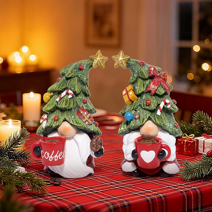 Hodao Christmas Elf Figurines with Tree Hats, Coffee Cup Elves Holiday Table Decorations, Cozy Festive Home Decor Accents for Living Room, Fireplace Mantel, Dining Table (Red)