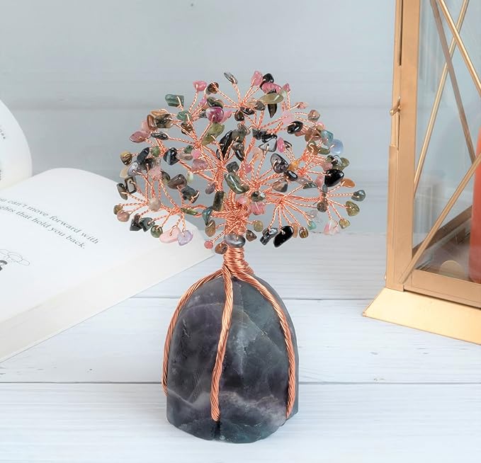 Multi Tourmaline Crystal Tree with Fluorite Rough Base Tree of Life Decor for Shelf, Bedroom, Birthday Gifts for Women, Sister Gifts, Birthday Gifts for Mom, Cute Home Decor Purple Decor Present