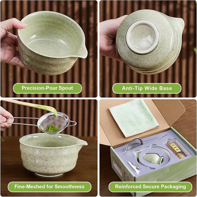 7Pcs Matcha Whisk Set - Matcha Bowl with Spout, Bamboo Whisk (Chasen), Holder, Stainless Sifter, Tea Scoop, Tea Towel, Scoop Rest. Full Japanese Ceremony Matcha Kit, Ideal Gift for Tea Fans (Green)
