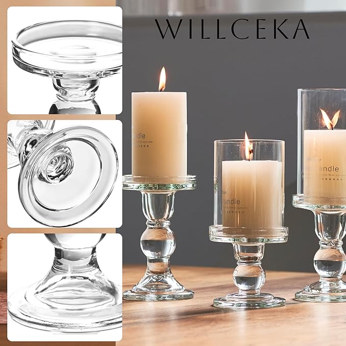 3 Pcs Clear Candle Holder, Glass Pillar Candle Holder Set for Taper Candlestick Pillar(Clear)