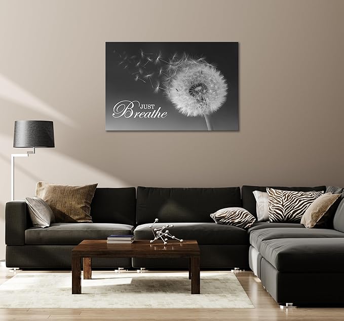 SKASNFAI Just Breathe Wall Art Zen Office Wall Decor Inspirational Yoga Quotes Positive Relax Artwork Picture Black and White Dandelion Posters Print for Meditation Room (20L x 30W)