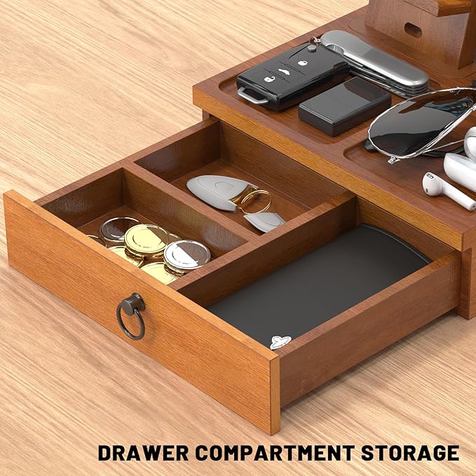 Wood Phone Docking Station, Nightstand Organizer with Drawer, Bedside Table Organizer for Watch & Accessories, Christmas Anniversary Birthday Gifts for Men,Dad,Husband