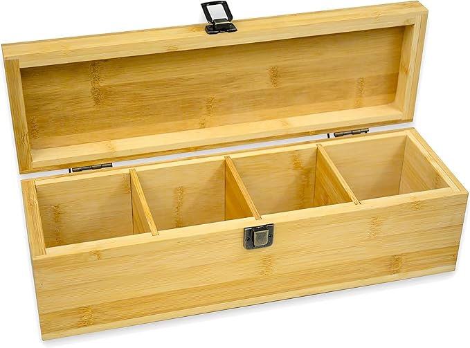 Bamboo Tea Organizer Box Chemical Free Eco-Friendly Big, Tall, Adjustable Cubbies Natural Wooden Storage Chest (4-Slot Across 14.3" x 4.4" x 4.2" with Tea Leaf design)