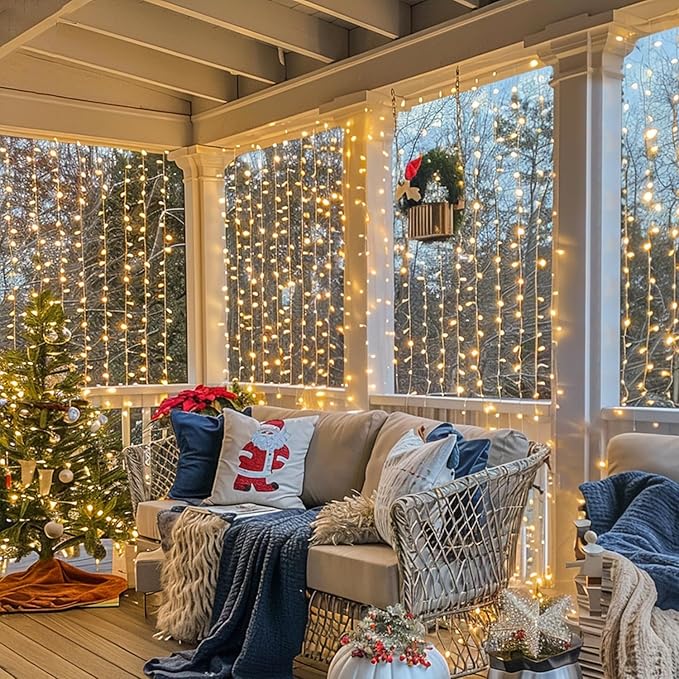 JMEXSUSS 900 LED Outdoor Christmas Curtain Lights, 9.5x29.5ft Christmas Lights Plug in with Remote, Twinkle Hanging String Light for Bedroom Wall Wedding Backdrop Window Gazebo Decor, Warm White