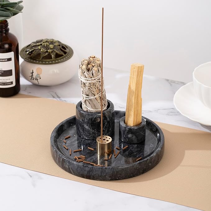 4 in 1 Marble Incense Holder, Natural Marble Incense Burner for Meditation, 9 Incense Holes Suitable for Most Incense Types (Black)