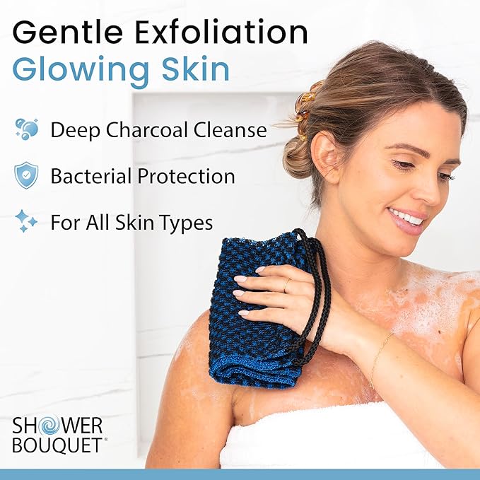 Japanese Exfoliating Washcloth for Back & Body - Charcoal & Silver Ion Exfoliating Towel with Handles - Two-Sided Gentle Exfoliation & Deep Cleansing Soft Body Wash Cloths for Shower - Blue