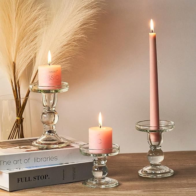 3 Pcs Clear Candle Holder, Glass Pillar Candle Holder Set for Taper Candlestick Pillar(Clear)