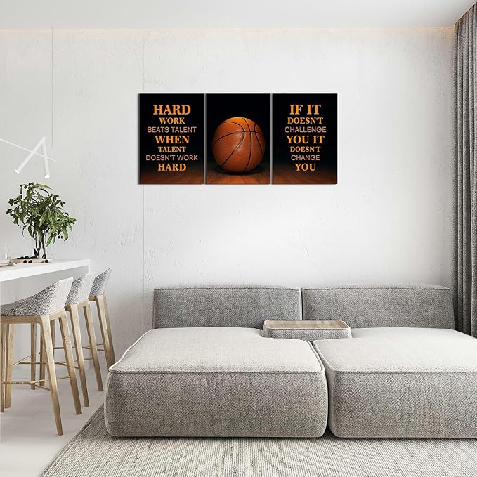 KAWAHONE-3 Pieces Basketball Motivational Work Hard Canvas Wall Art, Inspirational Quotes Pictures Wall Decor, Basketball Sports Poster Black and White Positive Poster Framed Motivation Gift for Entrepreneur Men Women Painting Artwork for Home Office