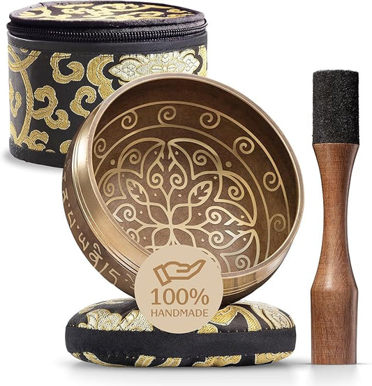 Handmade Tibetan Etched Singing Bowl Set with Case – Meditation Bowl & Sound Bowl with Cushion, Mallet & Guide – Hand-Tuned Meditation Bowl for Relaxation – Yoga Relaxation Accessories