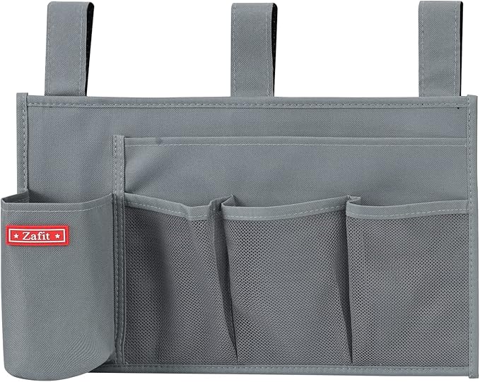 Hanging Bedside Caddy, Bedside Storage Organizer for Magazine, Phone, Remote control (5 Pockets-Grey)