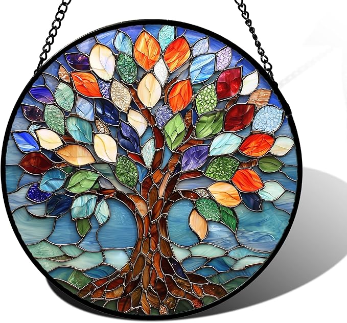 Stained Glass Window Hanging, Colorful Tree of Life Sun Catchers Glass Panel Blue Suncatcher Decor for Birthday for Women, Men, Wife, Aunt, and Mom 7.8 in