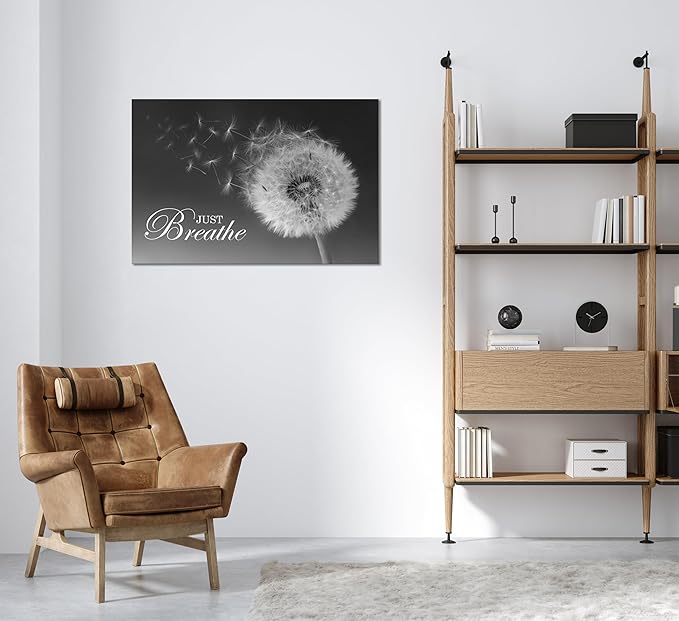 SKASNFAI Just Breathe Wall Art Zen Office Wall Decor Inspirational Yoga Quotes Positive Relax Artwork Picture Black and White Dandelion Posters Print for Meditation Room (16L x 24W)