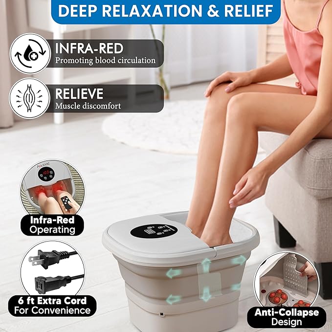 Collapsible Foot Spa Bath Massager with 2025 Upgraded Rotary Shiatsu Taiji Pad for Comfort, Heat, Remote Control, Water Jet, Infrared, and Pedicure for Stress Relief - White