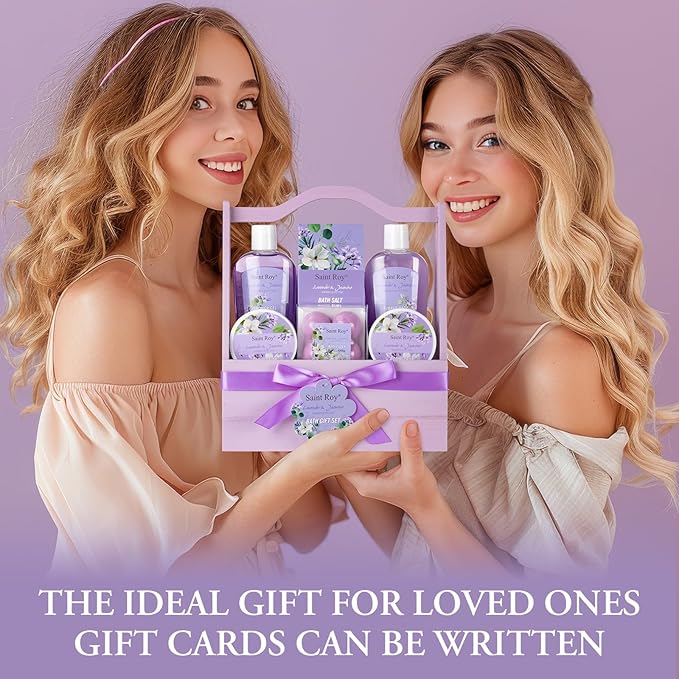 Spa Gift Basket for Christmas Gifts - 13 Pieces Lavender Jasmine Bath & Body Care Kit for Women, Holiday Gift for Mothers Day, Valentine's Day, Self Care Pampering Gifts, Birthday Gifts