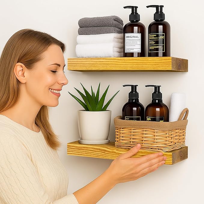 BGMG Wood Floating Shelves for Wall 12 inch Set of 2, Rustic Wooden Wall Mount Shelves for Living Room Bedroom Kitchen Farmhouse-12x6.7x1.25 inch- Gold Oak