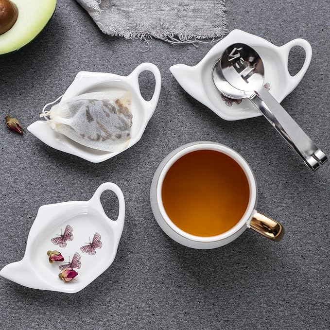 Coaster Set of 6 White Ceramic Tea Bag Holder and Stainless Steel Tea Bag Squeezer (style1)