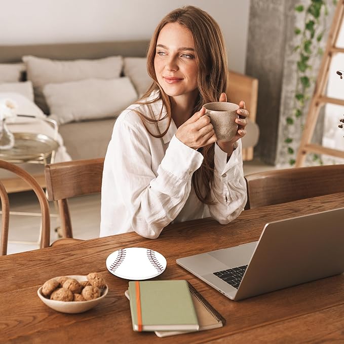 Baseball Round 4" Cup Coasters Set of 4, Absorbent Ceramic Stone Coasters with Cork Base, Ideal Gifts for Home Decor