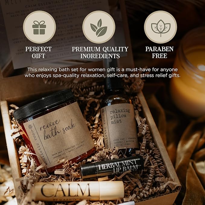 SOULISTIC ROOT Spa Kit for Women – Relaxing Self Care Gift Set with Lavender Pillow Spray, Mint Lip Balm, Calm Essential Oil Roller & Epsom Salt Bath Soak – Luxury Pampering Package for Home & Bath