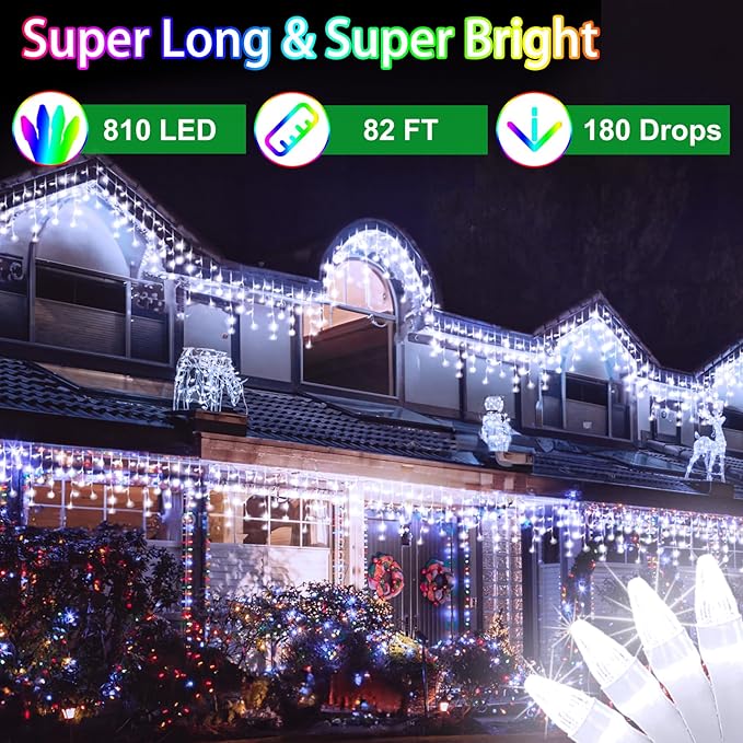 82FT 810 LED Christmas Lights 180 Ice Drops, 12 Lighting Modes and Timer Memory Dimmable, Outdoor Waterproof Hanging Ice String Light for Holiday Wedding Garden Fence House Outside Decor (Cool White)