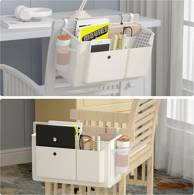 Bedside Caddy Bedside Organizer with Fixed Straps & Water Bottle Holder, Bunk Bed Caddy ideal for Home, Dorm, Hospital, Crib, Versatile Bedside Storage Solution (White)