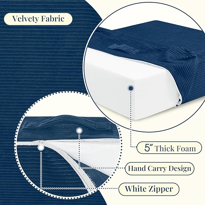 Wellsin Solid Square Floor Pillows for Adults Kids - Large Meditation Floor Pillow Seating Cushion with Thick Foam & Washable Velvet Cover, 1 Pack, 22x22x5 Inch, Dark Blue