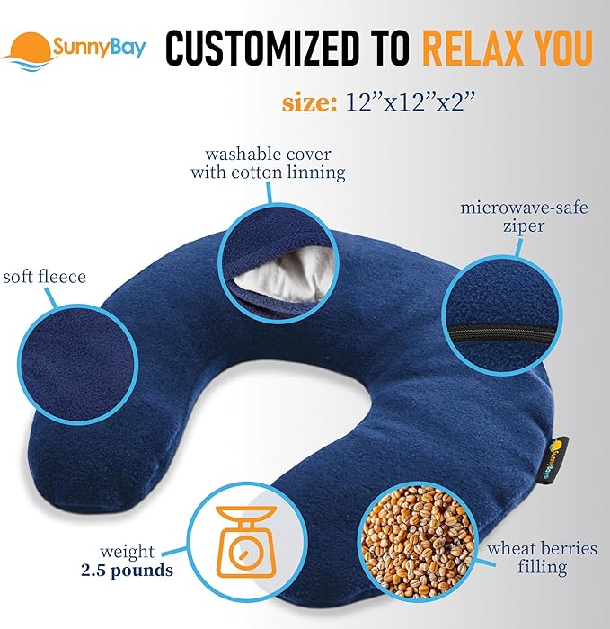 SunnyBay Microwave Heating Pad, Microwavable Heated Neck Pillow for Moist Hot Therapy, Heated Neck and Shoulder Wrap with Wheat Filling and Washable Cover, 12"X12"X2", 2.5 lbs, Navy Blue