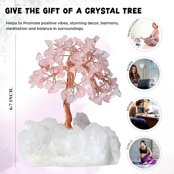 Rose Quartz Crystal Tree with White Aura Base Tree of Life Decor for Shelf, Bedroom, Birthday Gifts for Women, Sister Gift, Birthday Gifts for Mom, Cute Home Office Decor Housewarming Present