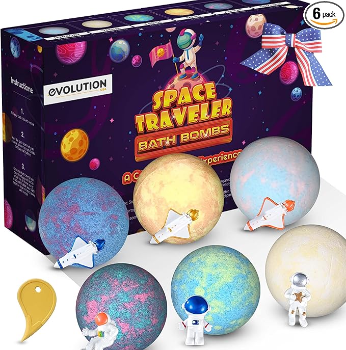EvolutionUSA Space Bath Bombs for Boys & Girls, 6 Planet Bath Balls with Toy Hidden Inside, Organic Hypoallerganic Childrens Bathbombs, Cosmic Fun Space Surprise, Gift Set Birthday, Christmas, Easter
