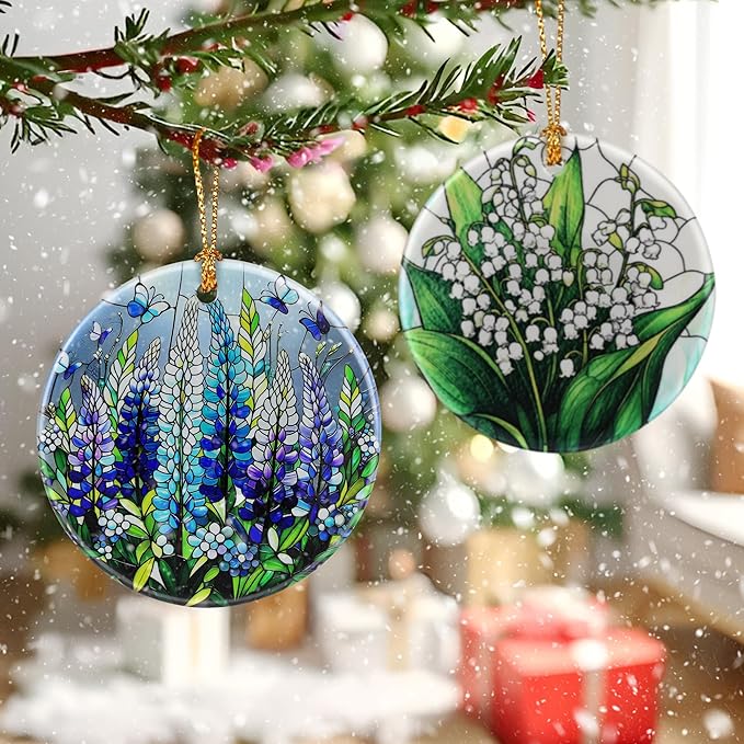 Lupine with Butterfly Ornament Ornament – Christmas Decoration & Christmas Ornament; Round Ceramic (Holiday Present, Bauble Present, Gift Idea, and Gift Exchange) | Heirloom Keepsake