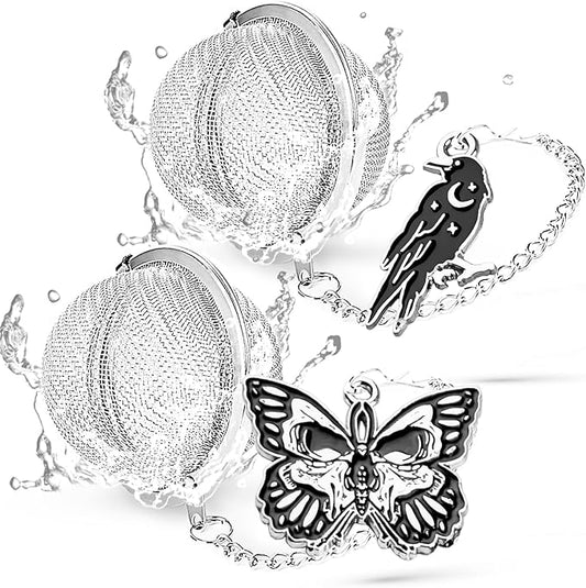 2 Pack Tea Infuser - Gothic Loose Leaf Tea Steeper with Black Raven & Skull Butterfly Charm, 304 Stainless Steel, Perfect Spooky Tea Gift