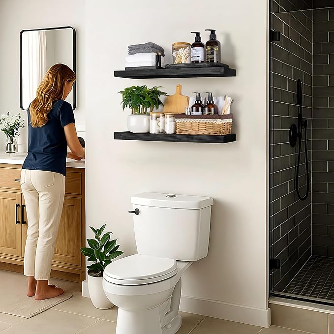 BGMG Wood Floating Shelves 24 inch, Wide Rustic Wooden Wall Shelves for Bathroom Living Room Bedroom Kitchen Farmhouse Set of 2-24x 6.7 x1.25 inch- Black