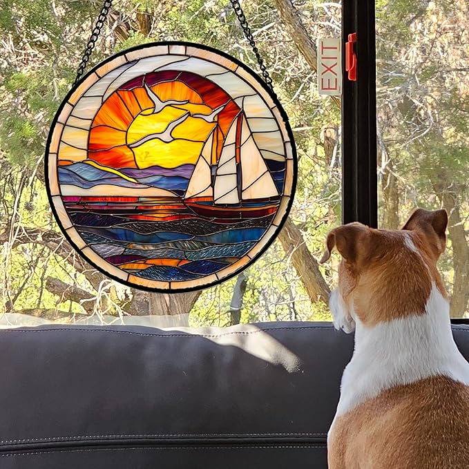 Stained Glass Window Hanging, Sun Ocean Sailboat Seagull Abstract Suncatcher Diamond Glass Panel Sun Catchers Decor for Birthday for Women, Men, Wife, Aunt, and Mom 14.9x14.9 in