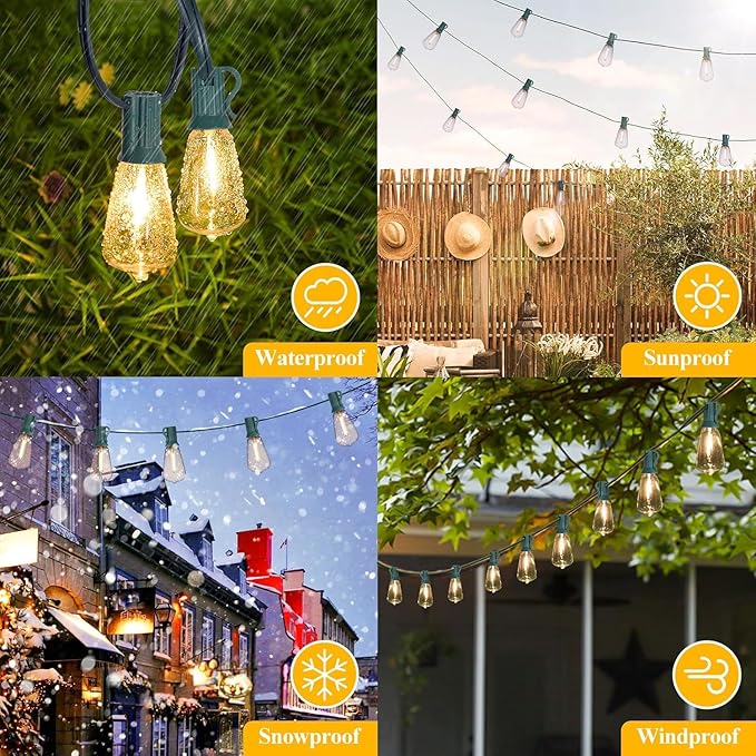 Brightever LED Outdoor String Lights 100FT with 52 Shatterproof ST38 Vintage Edison Bulbs, Outside Hanging Lights Waterproof for Patio, Porch, Deck, Garden, Backyard, Balcony, Green Wire