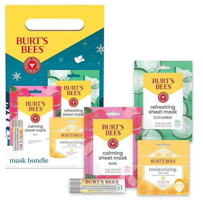 Burt’s Bees Christmas Gifts, Mask Bundle Stocking Stuffers Gift Set; Moisturizing Lip Mask, Ultra Conditioning Lip Balm, Refreshing Sheet Mask, Calming Sheet Mask; Festive Packaging; 1 Gift Set